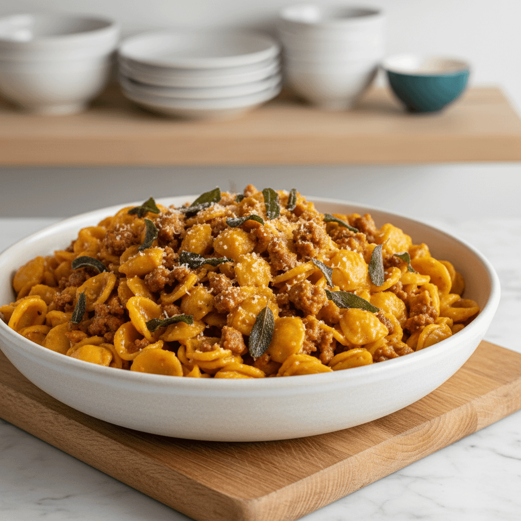 Creamy Pumpkin Pasta with Sausage and Crispy Sage