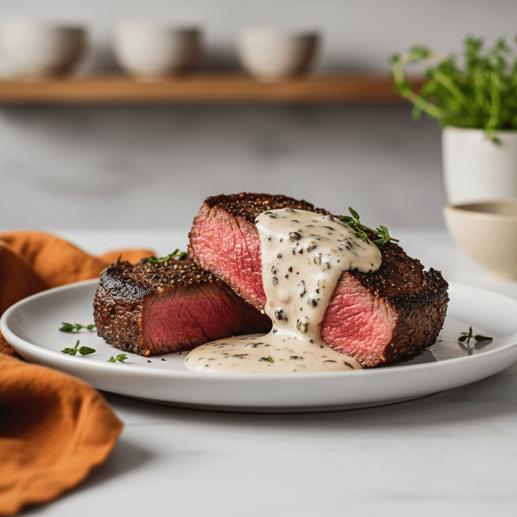 Pan-Seared Steak with Peppercorn Cream Sauce