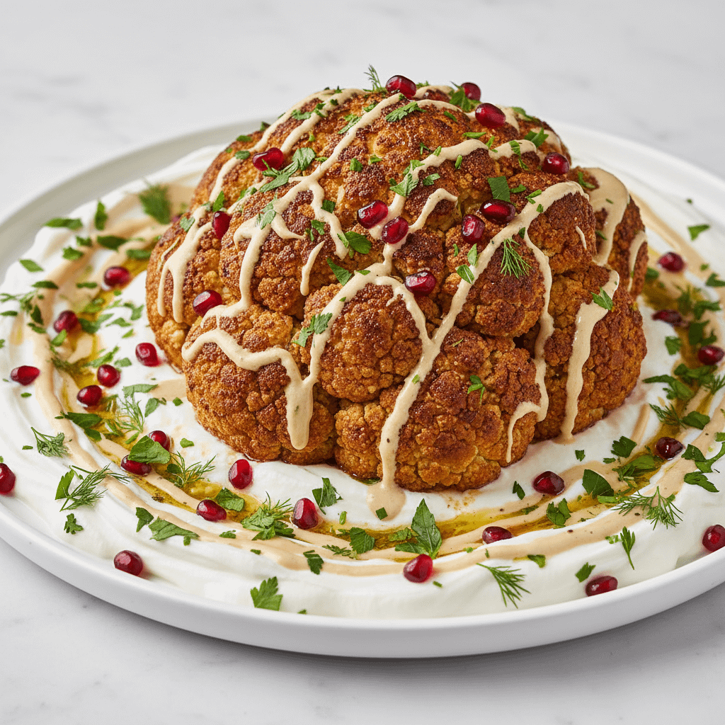 Whole-Roasted Cauliflower with Tahini & Pomegranate